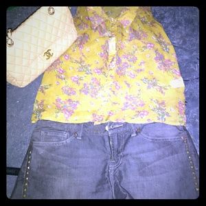 Floral Tank. Denim shorts, Hand bag